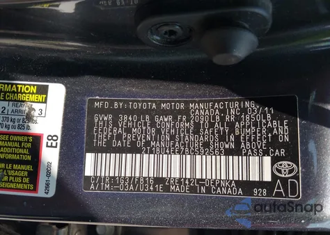 2011 Toyota Corolla Le from USA, damaged, VIN 2T1BU4EE7BC592563